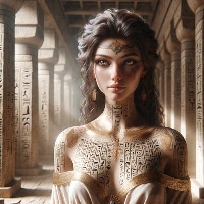 The primary subject of the image is a woman with a tattooed face and body. She is wearing a gold dress and is standing in a room with a stone wall. The setting appears to be a temple or an ancient Egyptian-themed environment. The visual style of the image is digital art, with the woman's face and body being intricately tattooed. The colors and mood of the image are dark and mysterious, with the woman's tattoos and the stone wall creating a sense